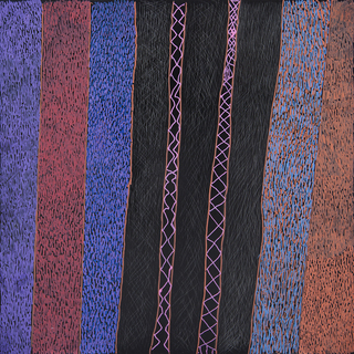 Australian Indigenous (Aboriginal and Torres Strait Islander) artwork by NGARRALJA TOMMY MAY of Mangkaja Artists. The title is Jilji and Bila. [359/17] (Acrylic Paint and Drawing into Enamel on Metal)