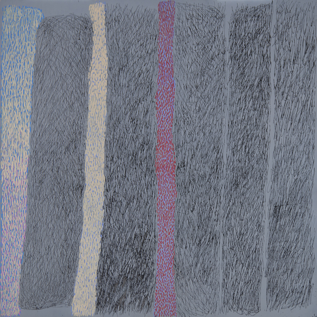 Australian Indigenous (Aboriginal and Torres Strait Islander) artwork by NGARRALJA TOMMY MAY of Mangkaja Artists. The title is Jilji and Bila. [295/17] (Acrylic Paint and Drawing into Enamel on Metal)