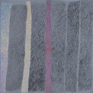 Australian Indigenous (Aboriginal and Torres Strait Islander) artwork by NGARRALJA TOMMY MAY of Mangkaja Artists. The title is Jilji and Bila. [295/17] (Acrylic Paint and Drawing into Enamel on Metal)