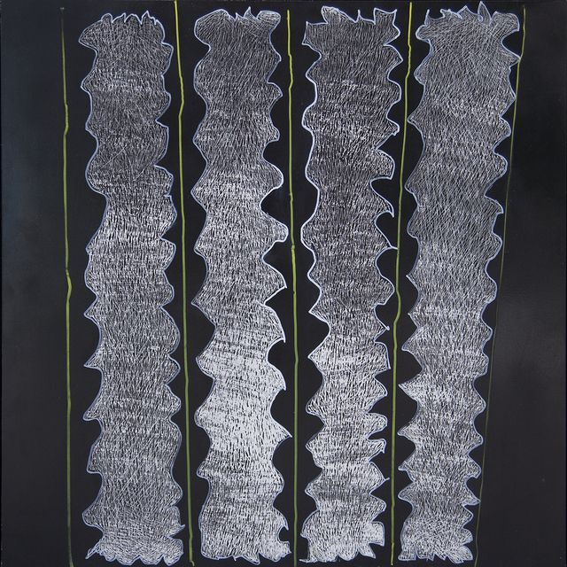 Australian Indigenous (Aboriginal and Torres Strait Islander) artwork by NGARRALJA TOMMY MAY of Mangkaja Artists. The title is Jilji and Bila. [160/17] (Acrylic Paint and Drawing into Enamel on Metal)