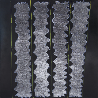 Australian Indigenous (Aboriginal and Torres Strait Islander) artwork by NGARRALJA TOMMY MAY of Mangkaja Artists. The title is Jilji and Bila. [160/17] (Acrylic Paint and Drawing into Enamel on Metal)