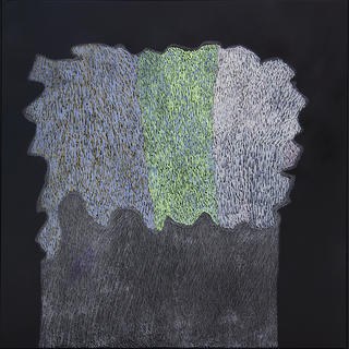 Australian Indigenous (Aboriginal and Torres Strait Islander) artwork by NGARRALJA TOMMY MAY of Mangkaja Artists. The title is Jitirr. [57/17] (Acrylic Paint and Drawing into Enamel on Metal)