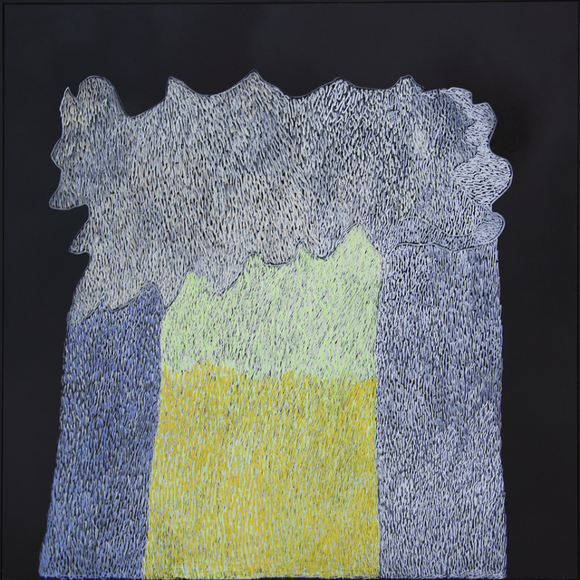 Australian Indigenous (Aboriginal and Torres Strait Islander) artwork by NGARRALJA TOMMY MAY of Mangkaja Artists. The title is Jitirr. [61/17] (Acrylic Paint and Drawing into Enamel on Metal)