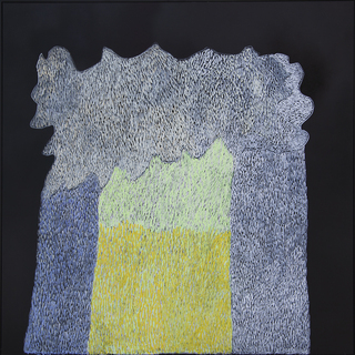 Australian Indigenous (Aboriginal and Torres Strait Islander) artwork by NGARRALJA TOMMY MAY of Mangkaja Artists. The title is Jitirr. [61/17] (Acrylic Paint and Drawing into Enamel on Metal)