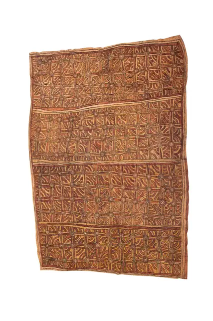 Australian Indigenous (Aboriginal and Torres Strait Islander) artwork by STELLA ÌPIA (AGISÉ) of Omie Artists. The title is Jawubimu’é - Mountain Pine Tree. [OM10-027] (Natural Pigments on Nioge (Barkcloth))