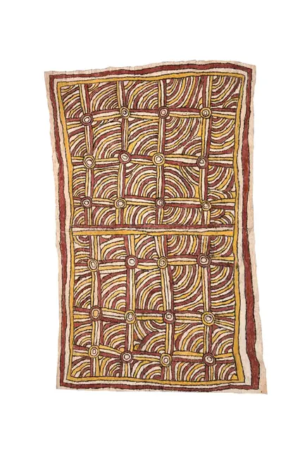 Australian Indigenous (Aboriginal and Torres Strait Islander) artwork by STELLA ÌPIA (AGISÉ) of Omie Artists. The title is Jawubimu’é – Mountain Pine Tree. [OM10-084] (Natural Pigments on Nioge (Barkcloth))