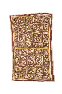 Australian Indigenous (Aboriginal and Torres Strait Islander) artwork by STELLA ÜPIA (AGISÉ) of Omie Artists. The title is Jawubimu’é – Mountain Pine Tree. [OM10-084] (Natural Pigments on Nioge (Barkcloth))