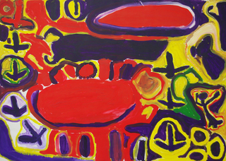 Australian Indigenous (Aboriginal and Torres Strait Islander) artwork by WALKA MOLLY ROGERS of Mangkaja Artists. The title is Japingka. [201/12] (Atelier Artist Acrylic, 250gsm Velin Arches Paper)