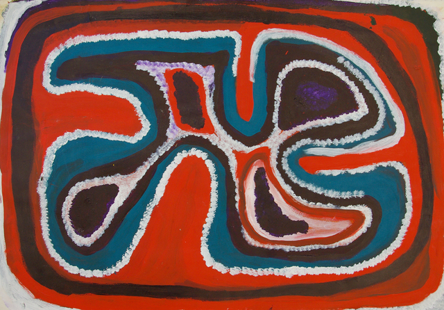 Australian Indigenous (Aboriginal and Torres Strait Islander) artwork by WALKA MOLLY ROGERS of Mangkaja Artists. The title is Japingka Jila. [wp216/98] (Atelier Artist Acrylic, 250gsm Velin Arches Paper)