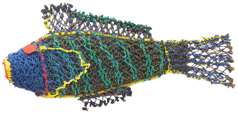 Australian Indigenous (Aboriginal and Torres Strait Islander) artwork by NANCY LOUISA KIWAT of Erub Erwer Meta. The title is Jago. [15-92] (Ghost Nets & Twine over Mesh Frame)