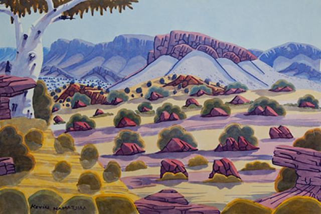 Australian Indigenous (Aboriginal and Torres Strait Islander) artwork by KEVIN NAMATJIRA of Ngurratjuta Iltja Ntjarra (Many Hands). The title is James Range, NT. [132-11] (Watercolour with Board Backing)