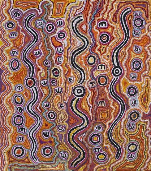 Australian Indigenous (Aboriginal and Torres Strait Islander) artwork by BESSIE NAKAMARRA SIMS of Warlukurlangu Artists (Yuendumu). The title is Janganpa (Brush-tail Possum Dreaming) - Mawurrji. [4152/07] (Acrylic on Belgian Linen)