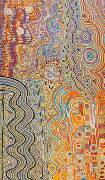 Australian Indigenous (Aboriginal and Torres Strait Islander) artwork by VARIOUS WARLUKURLANGU ARTISTS (COLLABORATIVE) of Warlukurlangu Artists (Yuendumu). The title is Janganpa Jukurrpa (Brush-tail Possum Dreaming)- Mawurrji. [983/12ny - (1-4)] (Acrylic on Belgian Linen)