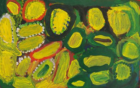 Australian Indigenous (Aboriginal and Torres Strait Islander) artwork by YATA GYPSY YADDA of Mangkaja Artists. The title is Jarriyi Salt Lake Country. [638/12] (Derivan Matisse Acrylic - 280gsm Velin BFK Rives)