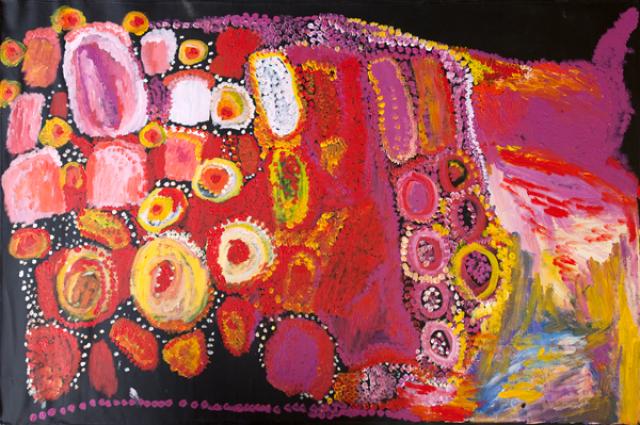 Australian Indigenous (Aboriginal and Torres Strait Islander) artwork by PAULA PAUL of Mornington Island Artists. The title is Jawarlda. [6397-L-PP-1210] (Synthetic Polymer Paint on Linen)