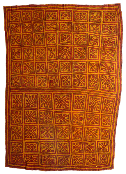 Australian Indigenous (Aboriginal and Torres Strait Islander) artwork by LINDA-GRACE SAVARI (MAJARÉ) of Omie Artists. The title is Jö’o Sor’e, Nyoni Béhwe Ohu’o Buborianö’e – Uncurling Fern Fronds, Bristles of the Fern Stem and Beaks of Blyth’s Hornbill. [OM12-015] (Natural Pigments on Nioge (Woman’s Barkcloth Skirt))