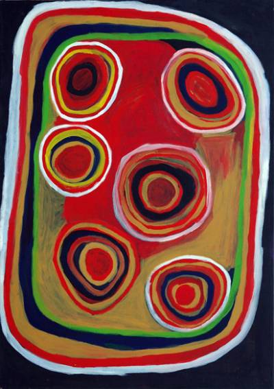 Australian Indigenous (Aboriginal and Torres Strait Islander) artwork by NYUJU STUMPY BROWN of Mangkaja Artists. The title is Jila Country. [pc173/05] (Atelier Artist Acrylic on 11oz Cotton Duck)