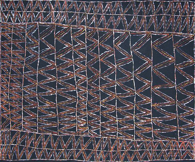 Australian Indigenous (Aboriginal and Torres Strait Islander) artwork by CORNELIA TIPUAMANTUMIRRI of Munupi Artists. The title is Jilamara Design. [14-317] (Ochre on Linen)