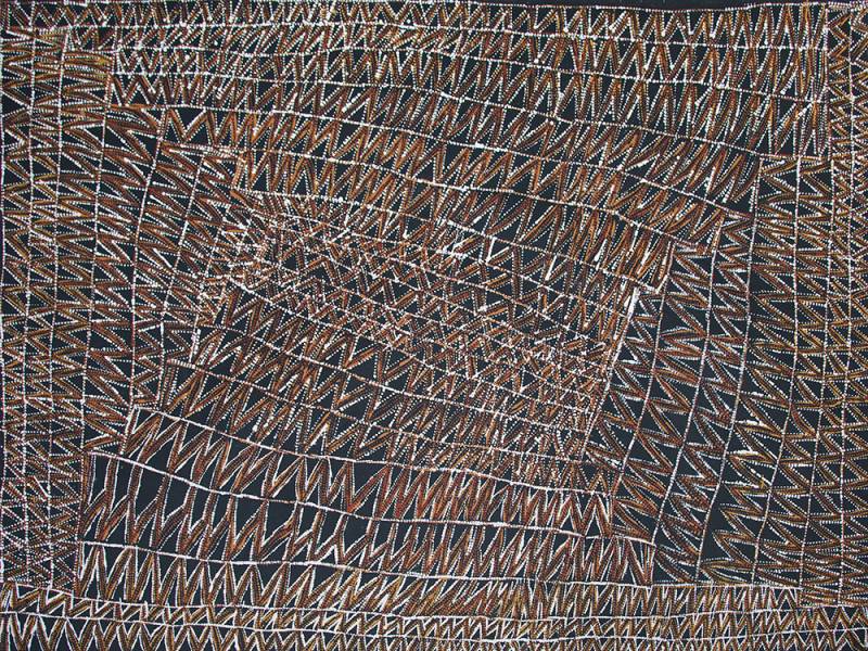 Australian Indigenous (Aboriginal and Torres Strait Islander) artwork by CORNELIA TIPUAMANTUMIRRI of Munupi Artists. The title is Jilamara Design. [14-334] (Ochre on Linen)