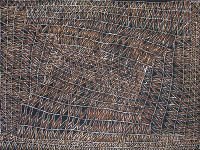 Australian Indigenous (Aboriginal and Torres Strait Islander) artwork by CORNELIA TIPUAMANTUMIRRI of Munupi Artists. The title is Jilamara Design. [14-334] (Ochre on Linen)