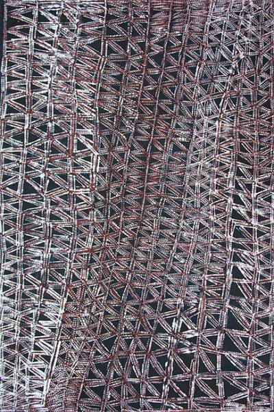 Australian Indigenous (Aboriginal and Torres Strait Islander) artwork by CORNELIA TIPUAMANTUMIRRI of Munupi Artists. The title is Jilamara Design. [15-322] (Ochre on Linen)