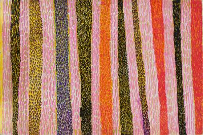 Australian Indigenous (Aboriginal and Torres Strait Islander) artwork by NGARRALJA TOMMY MAY of Mangkaja Artists. The title is Jilji and Bila. [174/15] (Atelier Acrylic Paint on Plywood)
