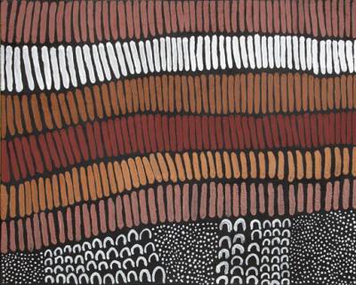 Australian Indigenous (Aboriginal and Torres Strait Islander) artwork by LENA NYADBI of Warmun Artists. The title is Jimbirla and Dayiwul. [WAC649/09] (Natural Ochre and Pigments on Canvas)