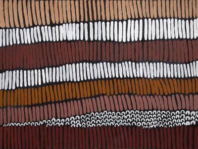 Australian Indigenous (Aboriginal and Torres Strait Islander) artwork by LENA NYADBI of Warmun Artists. The title is Jimbirla and Dayiwul Ngarrangkarni. [WAC631/09] (Natural Ochre and Pigments on Canvas)