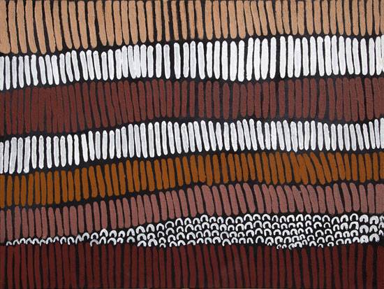 Australian Indigenous (Aboriginal and Torres Strait Islander) artwork by LENA NYADBI of Warmun Artists. The title is Jimbirla and Dayiwul Ngarrangkarni. [WAC631/09] (Natural Ochre and Pigments on Canvas)