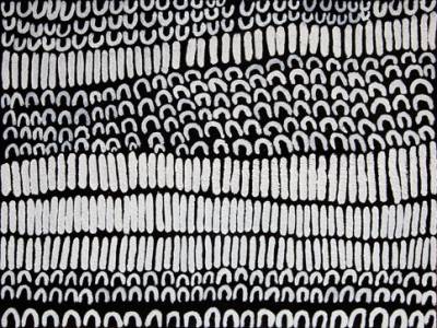 Australian Indigenous (Aboriginal and Torres Strait Islander) artwork by LENA NYADBI of Warmun Artists. The title is Jimbirla and Dayiwul Ngarrangkarni. [WAC106/11] (Natural Ochre and Pigments on Canvas)