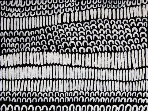 Australian Indigenous (Aboriginal and Torres Strait Islander) artwork by LENA NYADBI of Warmun Artists. The title is Jimbirla and Dayiwul Ngarrangkarni. [WAC106/11] (Natural Ochre and Pigments on Canvas)