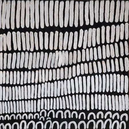 Australian Indigenous (Aboriginal and Torres Strait Islander) artwork by LENA NYADBI of Warmun Artists. The title is Jimbirla and Dayiwul Ngarrangkarni. [WAC761/10] (Natural Ochre and Pigments on Canvas)