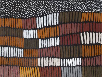 Australian Indigenous (Aboriginal and Torres Strait Islander) artwork by LENA NYADBI of Warmun Artists. The title is Jimbirla and Starry Night. [WAC337/09] (Natural Ochre and Pigments on Canvas)