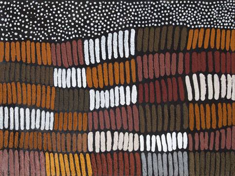 Australian Indigenous (Aboriginal and Torres Strait Islander) artwork by LENA NYADBI of Warmun Artists. The title is Jimbirla and Starry Night. [WAC337/09] (Natural Ochre and Pigments on Canvas)