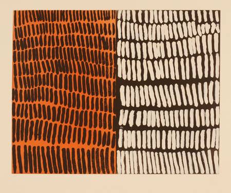Australian Indigenous (Aboriginal and Torres Strait Islander) artwork by LENA NYADBI of Warmun Artists. The title is JIMBIRLA COUNTRY. [WAC P10-14/50] (Etching - Edition of 50)