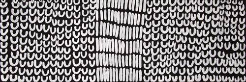 Australian Indigenous (Aboriginal and Torres Strait Islander) artwork by LENA NYADBI of Warmun Artists. The title is Jimbirla Ngarranggarni. [WAC491/11] (Natural Ochre and Pigments on Canvas)