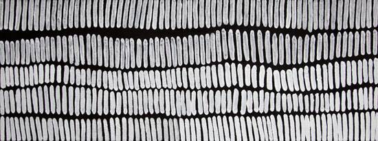 Australian Indigenous (Aboriginal and Torres Strait Islander) artwork by LENA NYADBI of Warmun Artists. The title is Jimbirla Ngarrangkarni. [WAC036/11] (Natural Ochre and Pigments on Canvas)