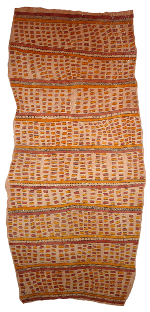 Australian Indigenous (Aboriginal and Torres Strait Islander) artwork by CELESTINE WARINA (KAARU) of Omie Artists. The title is Jimu Jimu Nioge (Udane Une, Sigobu Sin’e, Sabu Ahe Ohu’o Cobburé Jö’o Si’o Si’o Ve’e) – Design of the Papuan Flowerpecker (with Eggs of the Giant Spiny Stick Insect, Spots of the Wood-Boring Grub and pattern of a Snake’s Lip). [OM12-010] (Natural Pigments on Nioge (Woman’s Barkcloth Skirt))