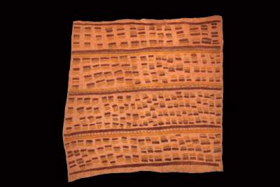 Australian Indigenous (Aboriginal and Torres Strait Islander) artwork by CELESTINE WARINA (KAARU) of Omie Artists. The title is Jimu jimu nioge (visuija ahé, cobburé jö’o si’o si’o ve’e, udane une, sabu ahe ohu’o vahuhu sine) – Design of the Papuan Flowerpecker. [OM10-075] (Natural Pigments on Nioge (Barkcloth))