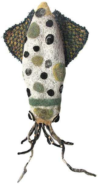 Australian Indigenous (Aboriginal and Torres Strait Islander) artwork by NANCY LOUISA KIWAT of Erub Erwer Meta. The title is Joonks. [16-127] (Ghost Nets, Plastic Trellis, Rope & Twine)