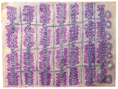 Australian Indigenous (Aboriginal and Torres Strait Islander) artwork by FATE SAVARI (ISAWDI) of Omie Artists. The title is Jov’e Idö ohu’o hijomiono’e sor’é - River Idö and old design of the bamboo on the fire with fish and eel cooking inside. [12-216] (Ink on Schoolbook Paper)