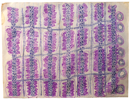 Australian Indigenous (Aboriginal and Torres Strait Islander) artwork by FATE SAVARI (ISAWDI) of Omie Artists. The title is Jov’e Idö ohu’o hijomiono’e sor’é - River Idö and old design of the bamboo on the fire with fish and eel cooking inside. [12-216] (Ink on Schoolbook Paper)