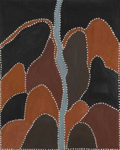 Australian Indigenous (Aboriginal and Torres Strait Islander) artwork by GORDON BARNEY of Warmun Artists. The title is Jurrumi. [WAC 231/08] (Natural Ochre and Pigments on Canvas)