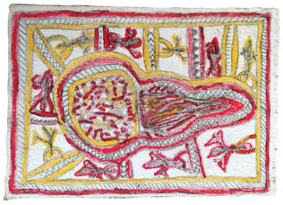 Australian Indigenous (Aboriginal and Torres Strait Islander) artwork by FATE SAVARI (ISAWDI) of Omie Artists. The title is Juworé - Insects that walk on the surface of the water. [14-224] (Pencil and Ink on Paper)