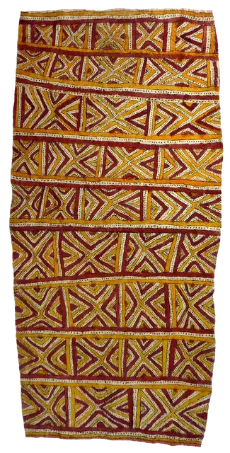 Australian Indigenous (Aboriginal and Torres Strait Islander) artwork by BATILDA KIMMIKIMMI (ASIDÉ) of Omie Artists. The title is Kumunnai Ohu’o Sabu Ahe– Black Palm Spear of the Ancestors and Spots of the Wood-Boring Grub. [OM12-012] (Natural Pigments on Nioge (Woman’s Barkcloth Skirt))