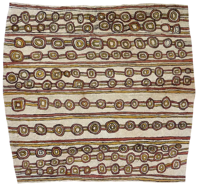 Australian Indigenous (Aboriginal and Torres Strait Islander) artwork by BRENDA KESI (ARIRÉ) of Omie Artists. The title is Kutito – Design of the Caterpillar. [16-012] (Natural Pigments on Nioge (Barkcloth))