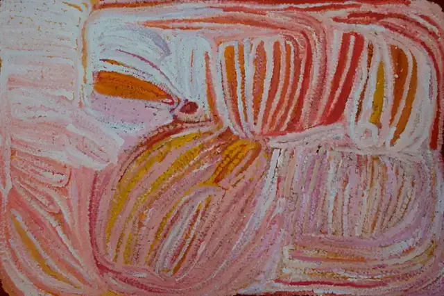 Australian Indigenous (Aboriginal and Torres Strait Islander) artwork by EUBENA NAMPITJIN of Warlayirti Artists (Balgo). The title is Kinyu. [78/09] (Acrylic on Linen)