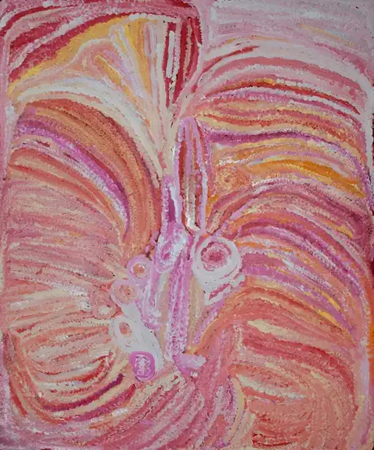 Australian Indigenous (Aboriginal and Torres Strait Islander) artwork by EUBENA NAMPITJIN of Warlayirti Artists (Balgo). The title is Kinyu. [108/09] (Acrylic on Linen)