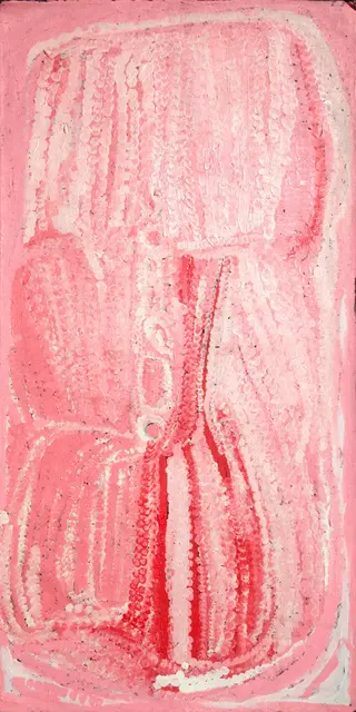 Australian Indigenous (Aboriginal and Torres Strait Islander) artwork by EUBENA NAMPITJIN of Warlayirti Artists (Balgo). The title is Kinyu. [90/08] (Acrylic on Linen)