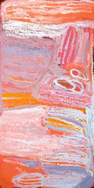 Australian Indigenous (Aboriginal and Torres Strait Islander) artwork by EUBENA NAMPITJIN of Warlayirti Artists (Balgo). The title is Kinyu. [805/09] (Acrylic on Linen)